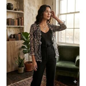 Y2K Vintage tie shirt Womens M Black White Sheer Paisley Tie Front Ruffle